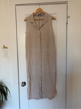 Sleeveless Linen Button-Front Maxi Dress - Beige